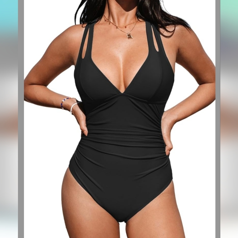 One Piece Swimsuit Tummy Control Deep V Neck Double Straps Crisscross Back Sz XS